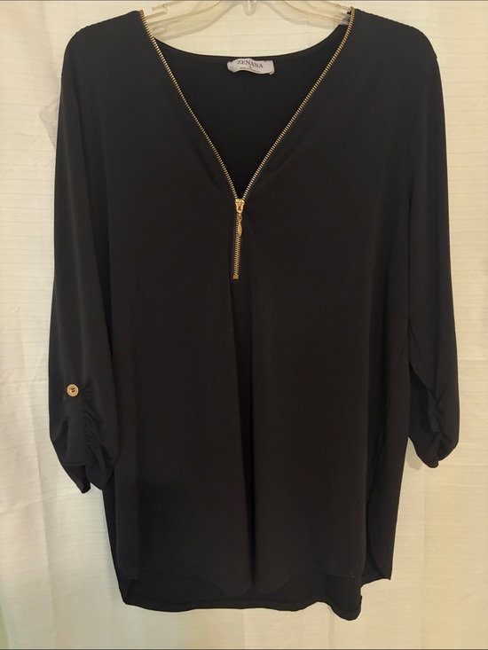 Zenana Outfitters Tops - Zenana Outfitters Black V-Neck Zip-Front Blouse with Gold Trim